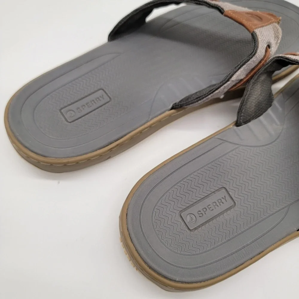 Sperry Thong Flip Flop Tan Leather/Gray Canvas Sandals 13M Model STS25231